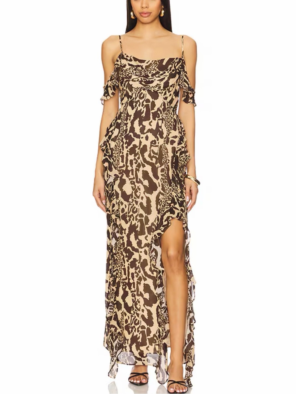 Shona Joy Goldie Ruffle Cowl Neck Maxi Dress Animal Print Size US 2 New